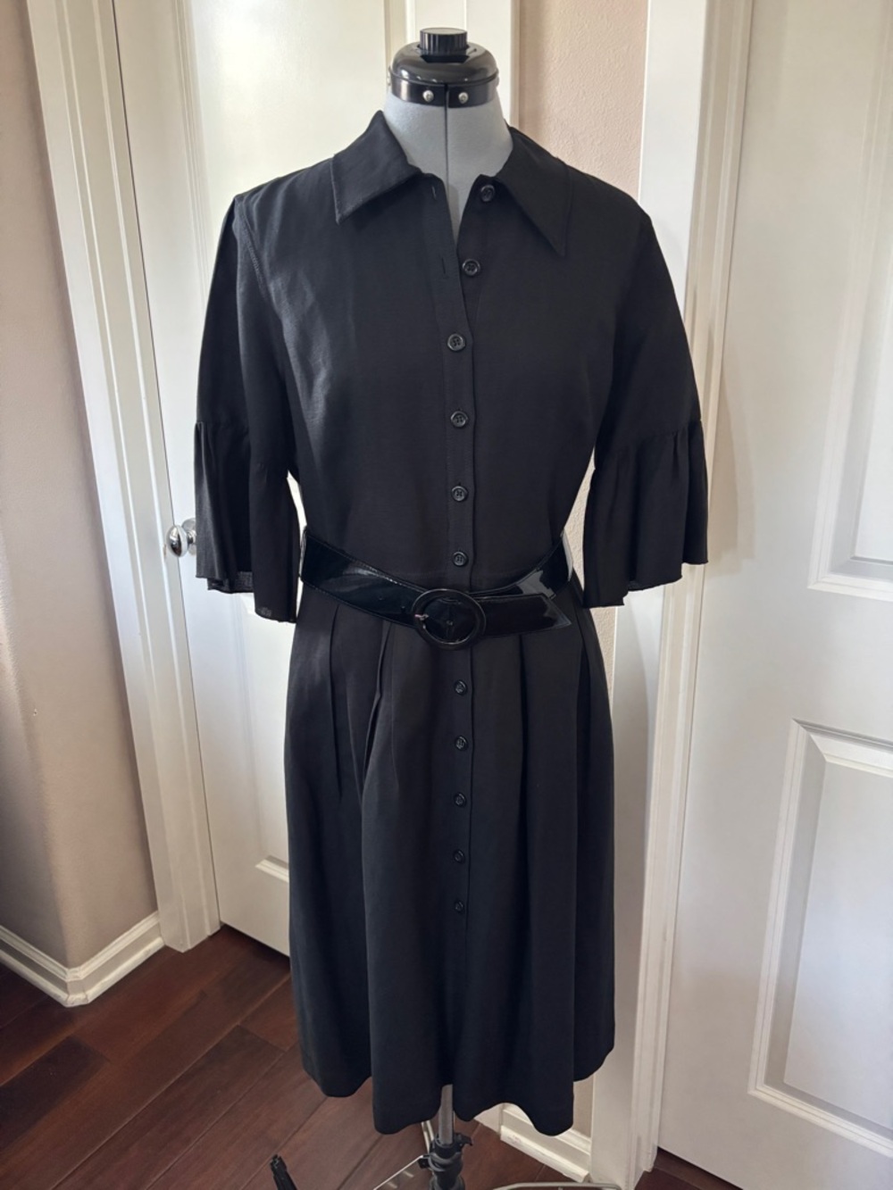 OSCAR by Oscar de la Renta Linen / Rayon Shirt Dress, Black, Size 10